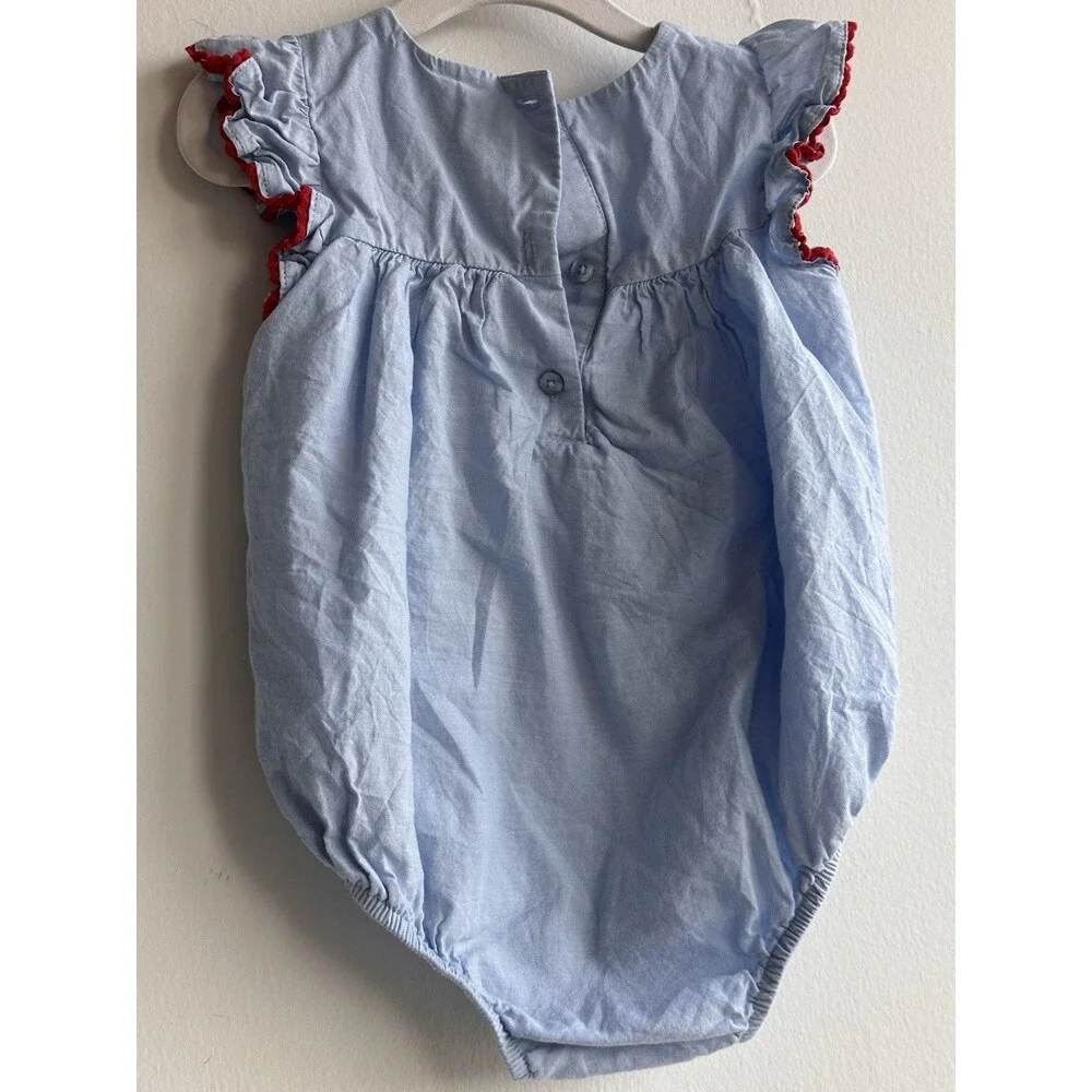 100% Cotton 24M Blue Floral Embroidered Romper Woven Sleeveless Ruffle Button